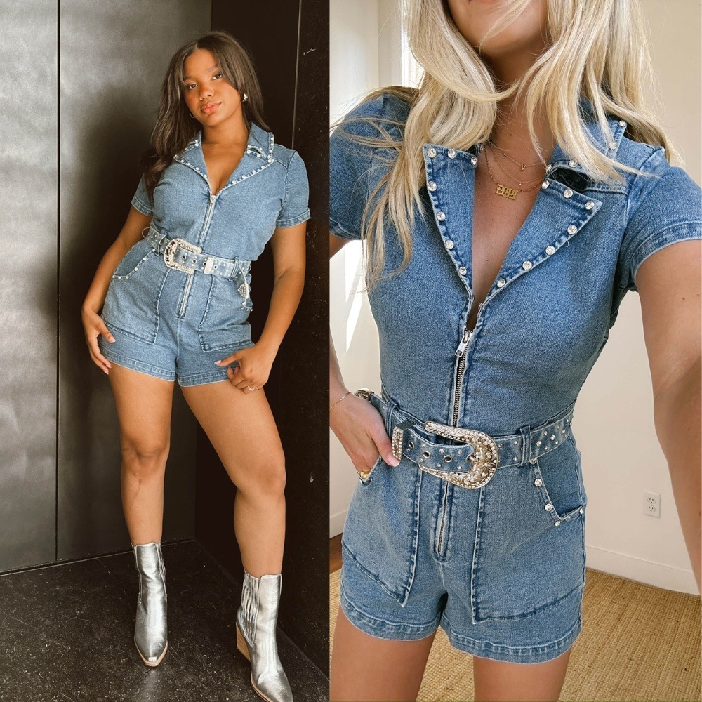NWT Show Me Your Mumu Outlaw Studded Denim Romper Blue Tide XXL